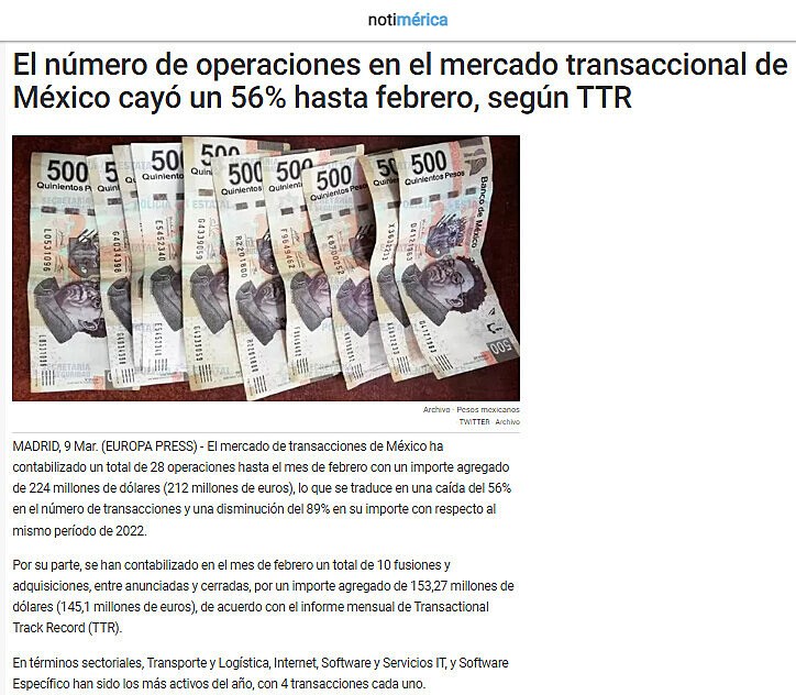 El nmero de operaciones en el mercado transaccional de Mxico cay un 56% hasta febrero, segn TTR